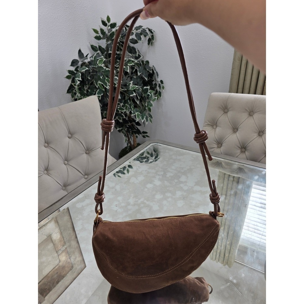 Brown faux Suede Crescent Shoulder Bag With Gold Zipper Knot Strap Detail